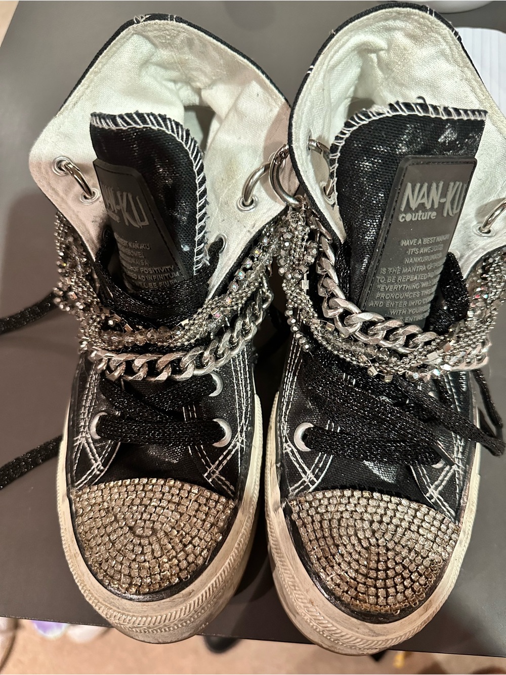 NAN-KU Couture Black Embellished High-Top Sneakers with Silver Chains